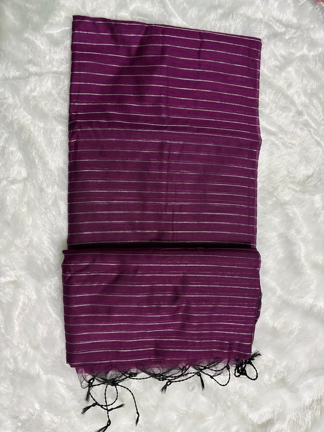 Wine Plum Silver Zari Linen Silk Saree